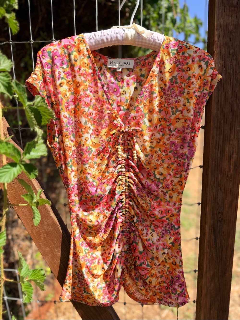 Hale Bob Floral Ruched V-Neck Blouse in Pink, Orange & Cream